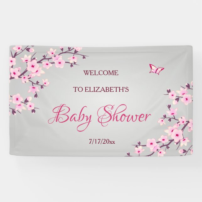 Banderoles Fleurs florales de cerisier Baby shower gris rose (Horizontal)