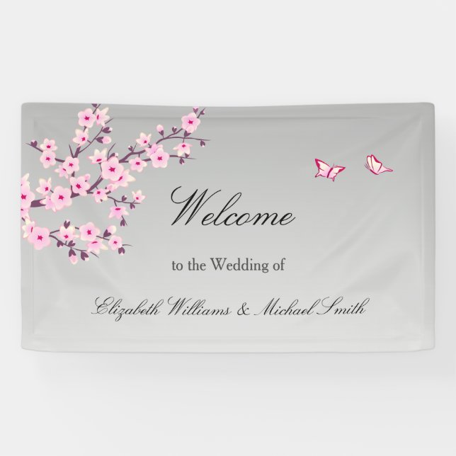 Banderoles Fleurs florales de cerisier rose gris Mariage (Horizontal)