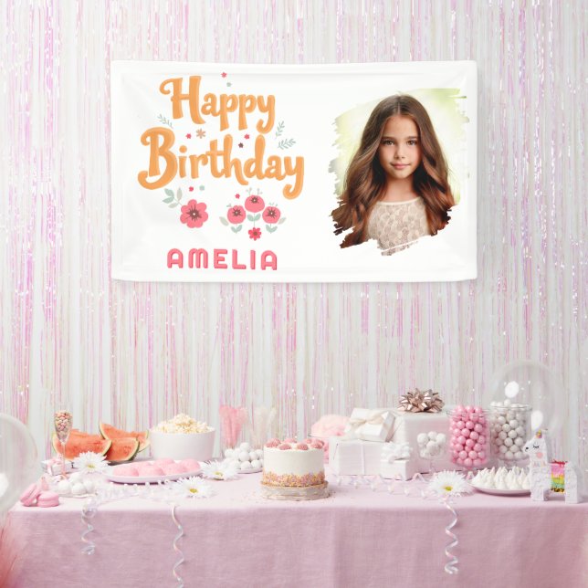 Banderoles Fleurs Florales Joyeux Anniversaire Handlettering  (Fête)