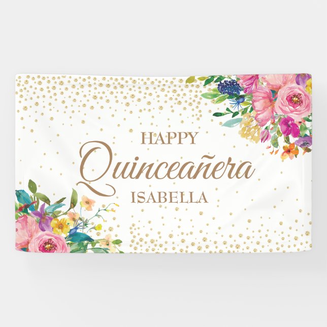 Banderoles Fleurs Jaunes Roses Parties scintillant Or Joyeux  (Horizontal)