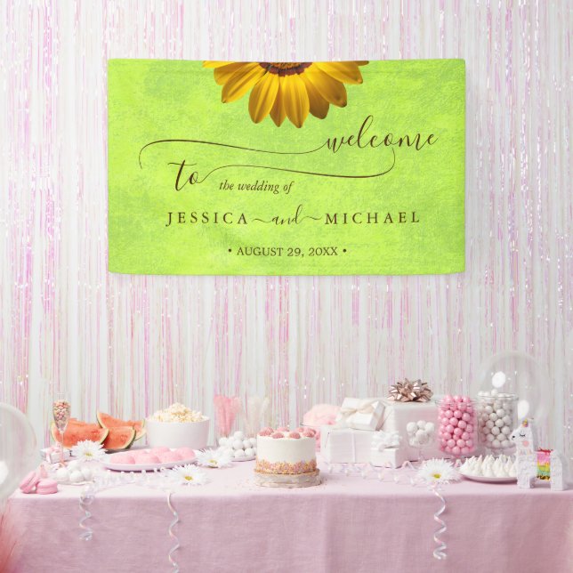 Banderoles Fleurs jaunes sur Mariage vert Abstrait (Fête)