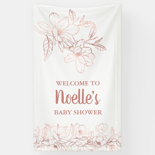 Banderoles Fleurs Magnolia roses Élégantes, Baby shower (Vertical)