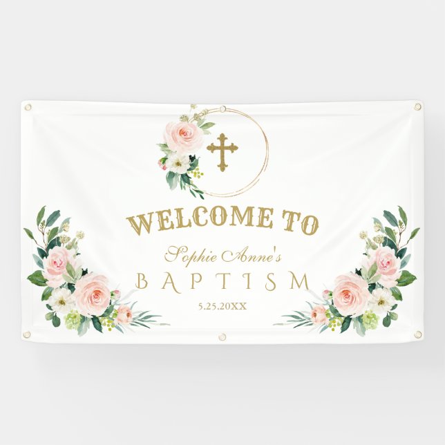 Banderoles Fleurs rose crème Affiche de bienvenue Baptême or (Horizontal)
