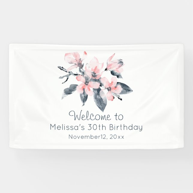 Banderoles Fleurs rose et gris Aquarelle classique Anniversai (Horizontal)