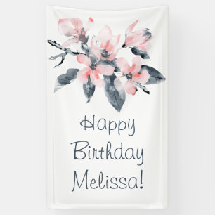 Banderoles Fleurs rose et gris Aquarelle classique Anniversai