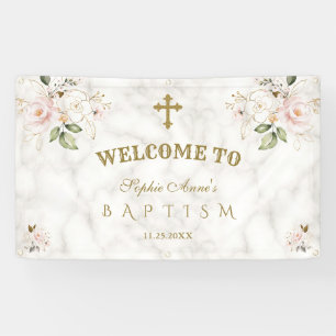 Banderoles Fleurs rose pâle Affiche de bienvenue Baptême d'or