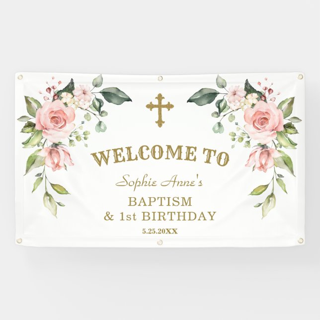 Banderoles Fleurs roses 1er Affiche de bienvenue Baptême d'an (Horizontal)
