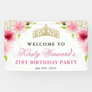 Banderoles Fleurs roses à l'aquarelle Bienvenue fête d'annive