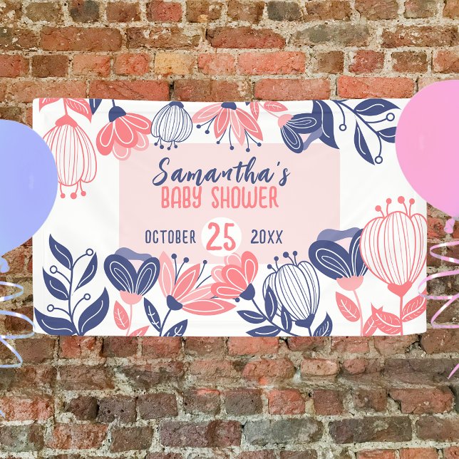 Banderoles Fleurs roses bleues mignonnes Baby shower botaniqu (Créateur téléchargé)