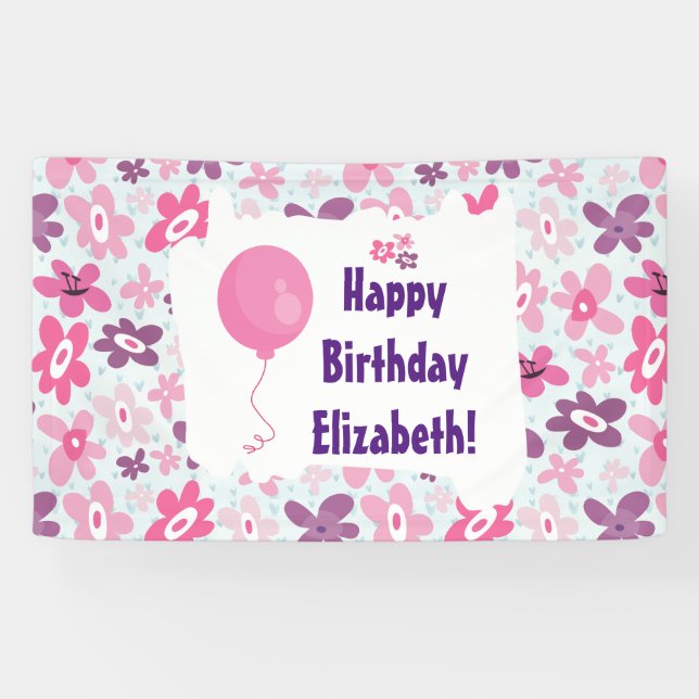 Banderoles Fleurs roses et Coeurs Bleus mignon anniversaire (Horizontal)