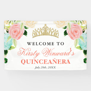 Banderoles Fleurs roses et menthe Bienvenue Quinceanera