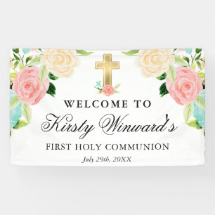 Banderoles Fleurs roses et menthe Première Sainte Communion