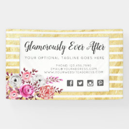 Banderoles Fleurs roses et or, glamour, aquarelle, rayures mo