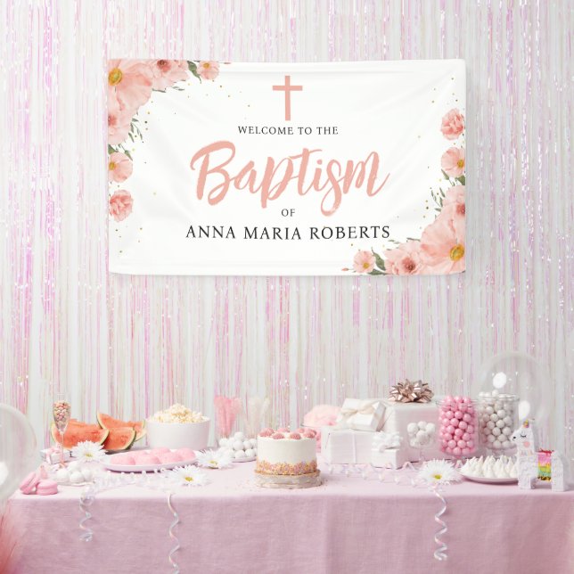 Banderoles Fleurs roses Fille Baptême Bienvenue (Fête)
