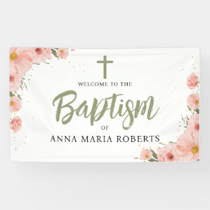 Banderoles Fleurs roses Fille Baptême Vert Accueil