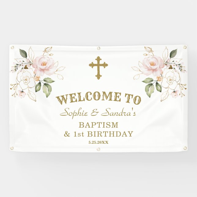 Banderoles Fleurs roses Filles Jumeaux 1er anniversaire Affic (Horizontal)