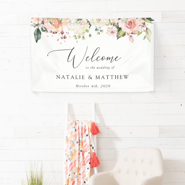 Banderoles Fleurs roses, Fleurs blanches, Boho, Accueil Maria (En situation)