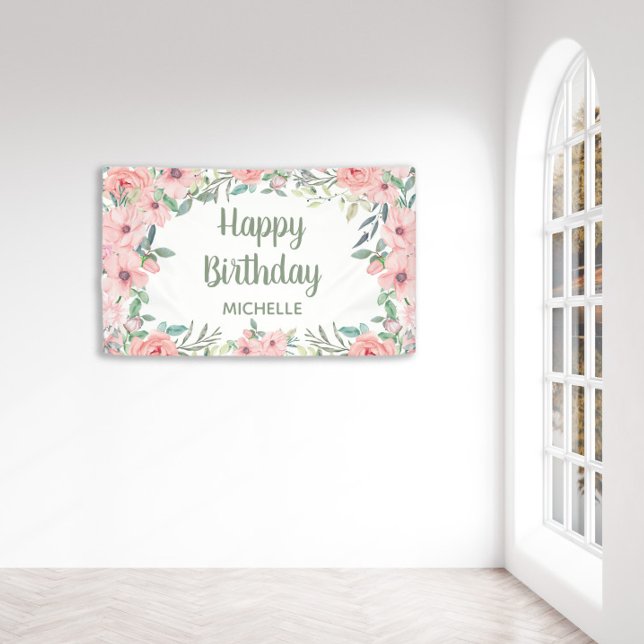 Banderoles Fleurs roses rousses Feuilles verts Joyeux anniver (Soft pink watercolor floral custom "Happy birthday" banner personalized with a name
 )