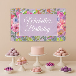 Banderoles Fleurs sauvages violettes rose Nom Script Annivers