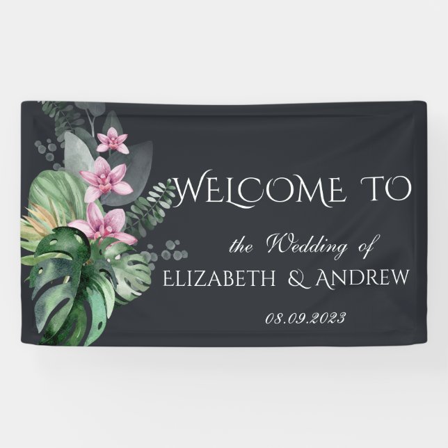 Banderoles Fleurs tropicales Mariage foncé (Horizontal)