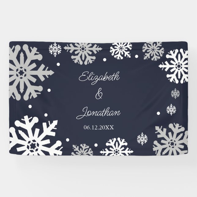 Banderoles Flocons de neige bleu marine Mariage d'hiver (Horizontal)