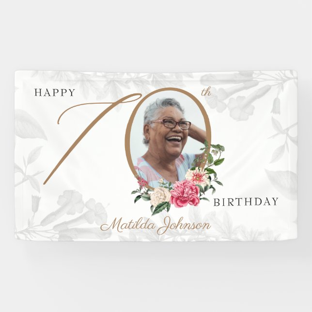 Banderoles Floral 70e anniversaire White Gold Botanical Photo (Horizontal)