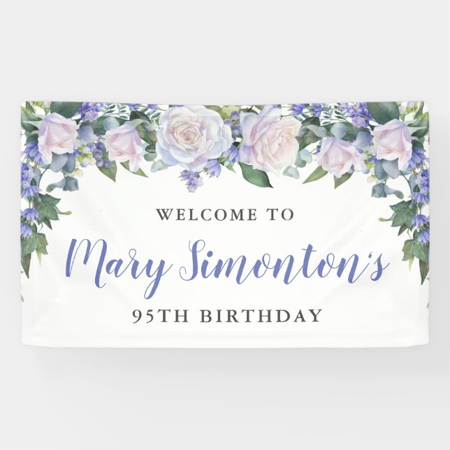 Banderoles Floral bleu rustique et blanc 95e anniversaire (Horizontal)