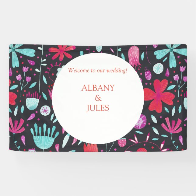 Banderoles Floral Boho Aquarelle Mariage foncé (Horizontal)
