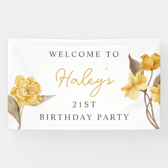 Banderoles Floral Chic Elegant Simple Jaune 21e Anniversaire (Horizontal)