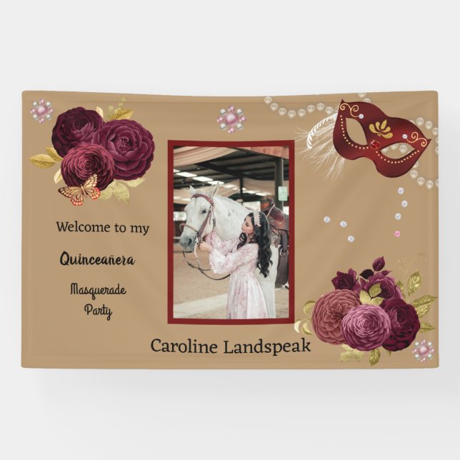 Banderoles Floral Gold Red Quinceañera Masquerade & Photo (Horizontal)
