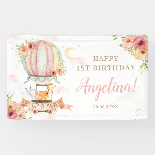 Banderoles Floral Hot Air Balloon Animaux Anniversaire (Horizontal)