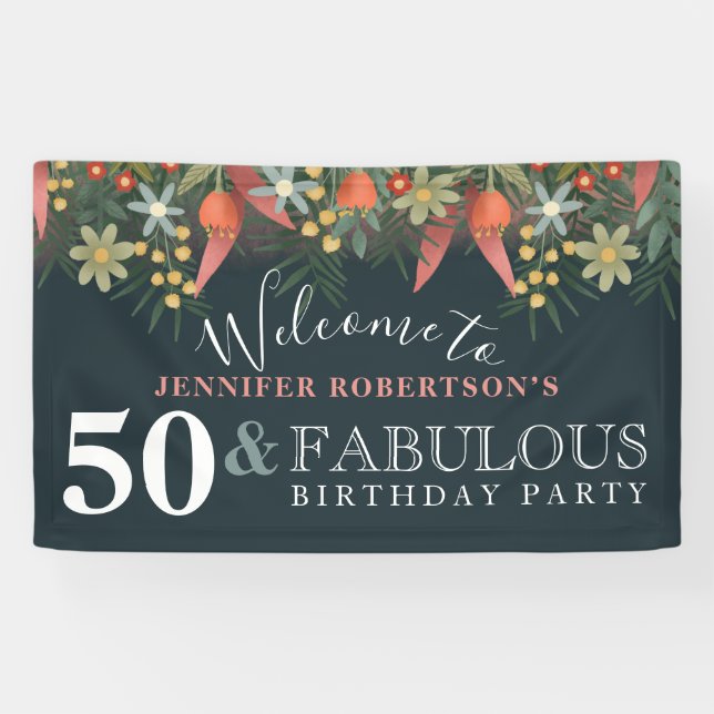 Banderoles Floral moderne 50 et fabuleuse fête d'anniversaire (Horizontal)