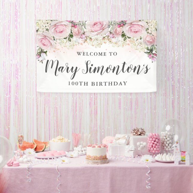Banderoles Floral rose et blanc rustique 100e anniversaire (Fête)