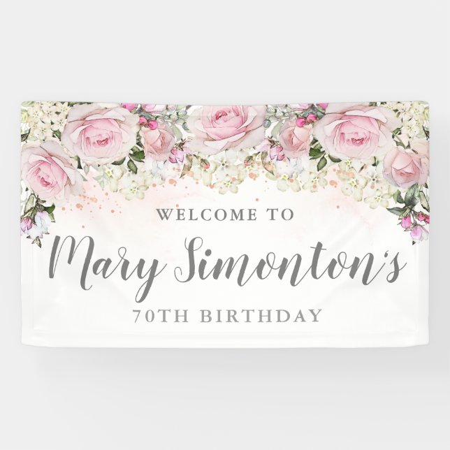 Banderoles Floral rose et blanc rustique 70e anniversaire (Horizontal)