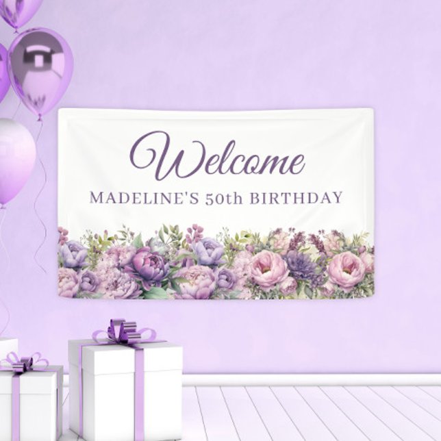 Banderoles Floral rose pourpre 50e anniversaire Bienvenue (Elegant floral and script women's 50th birthday party banner)
