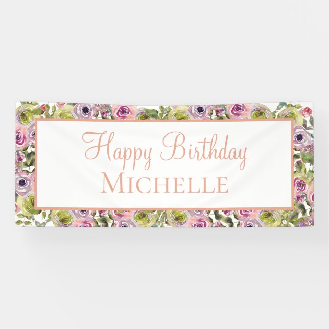 Banderoles Floral rose pourpre Joyeux anniversaire (Horizontal)