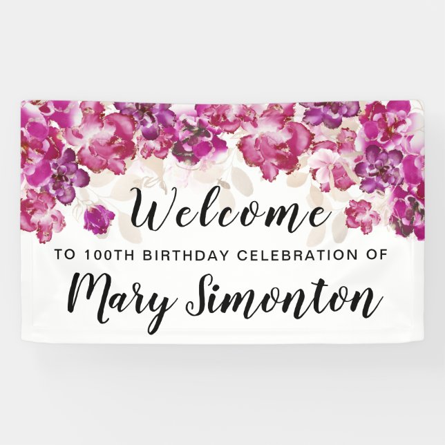 Banderoles Floral rose violet 100e fête d'anniversaire Bienve (Horizontal)