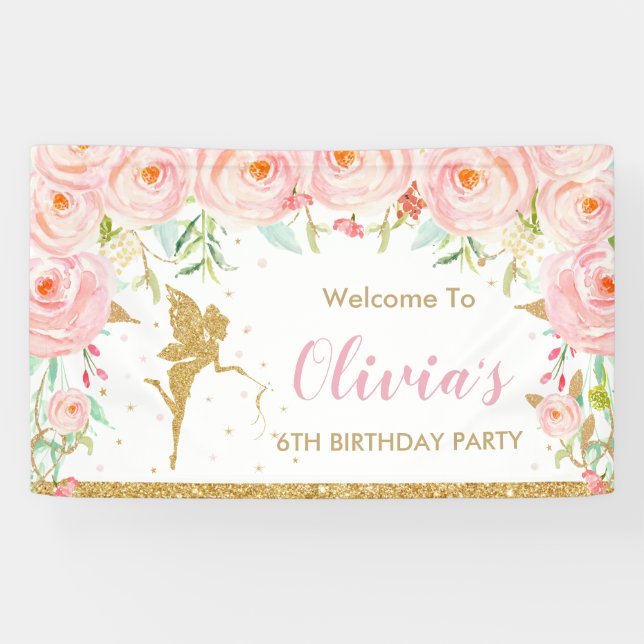Banderoles Flore rose vif Fée Anniversaire Douche fond (Horizontal)