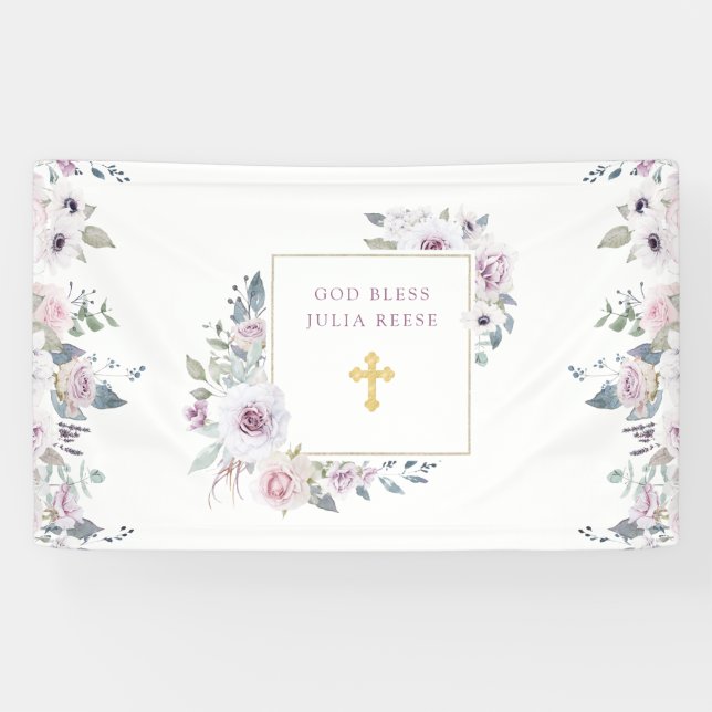 Banderoles Flore violette| Baptême de la Croix d'Or (Horizontal)