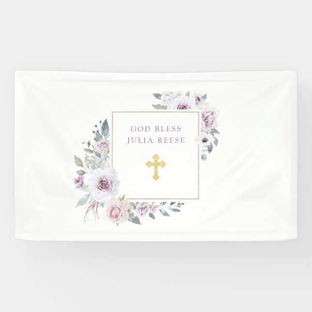 Banderoles Flore violette| Baptême de la Croix d'Or (Horizontal)