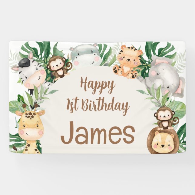 Banderoles Foliage Safari Animaux Arc 1er anniversaire (Horizontal)