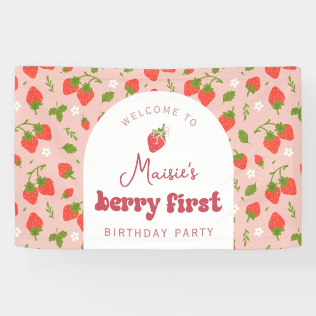 Banderoles Fond de fête du premier anniversaire Strawberry Be (Horizontal)