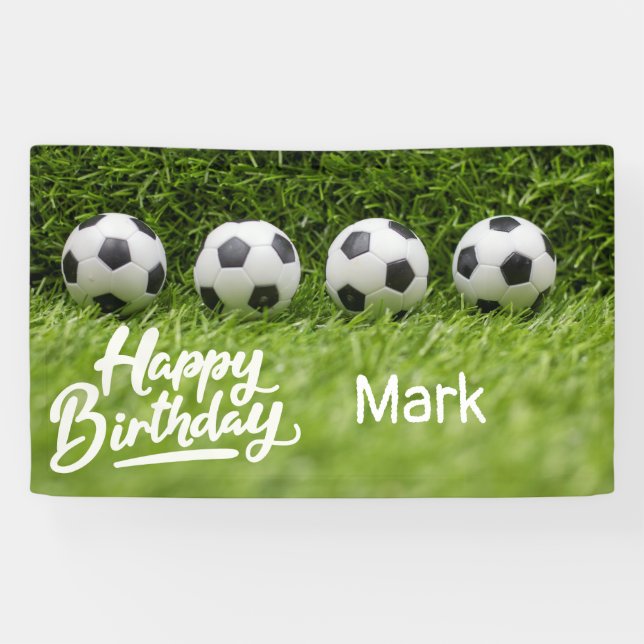 Banderoles Football Anniversaire avec balle sur gazon vert (Horizontal)