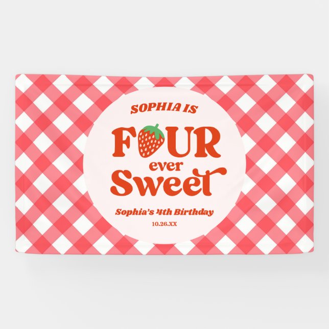 Banderoles Four Ever Sweet Strawberry 4e fête d'anniversaire (Horizontal)
