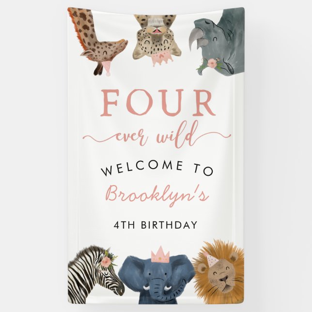Banderoles Four Ever Wild Safari Theme Fille 4e anniversaire (Vertical)
