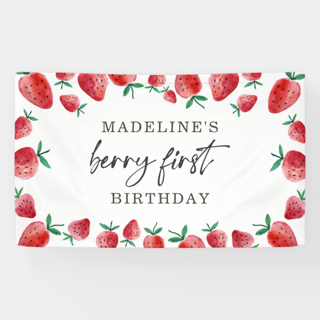 Banderoles Fraise Premier anniversaire 1er Berry Sweet fond (Horizontal)