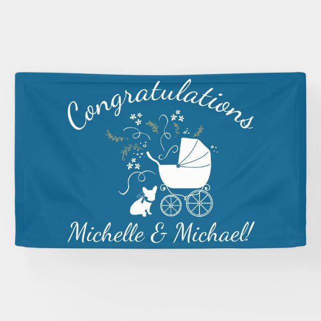 Banderoles Français Baby shower Bulldog Français Frenchie Blu (Horizontal)