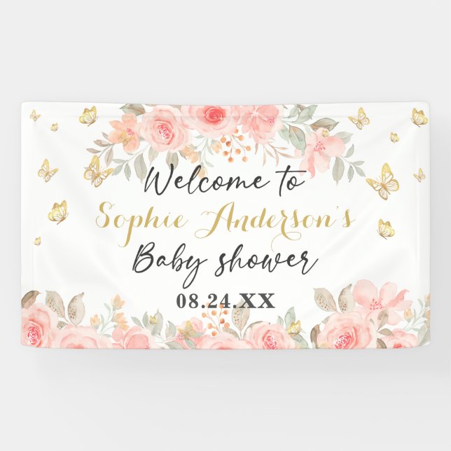 Banderoles Fuchsia Papillon Floral Rose Gold Baby Shower  (Horizontal)