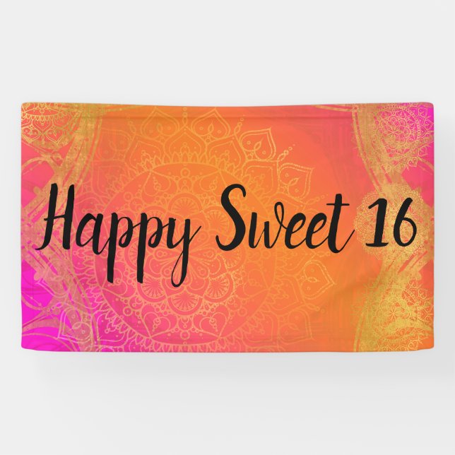 Banderoles Fuchsia Pink Orange & Gold Indian Mandala Party (Horizontal)
