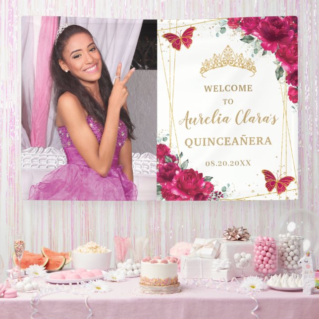 Banderoles Fuchsia Rose Floral Quinceañera Accueil (Fête)